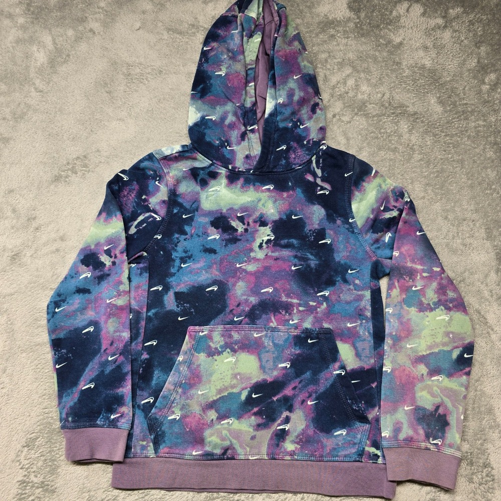 Nike Sportswear Club Fleece Tie Dye Swoosh Hoodie Youth M Purple Blue DV3059-460
